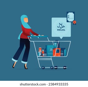 illustration of Muslim moms or women wearing hijab pushing shopping trolley containing groceries with halal labels. Halal approved and certified with Arabic. Can be used for posters, banners, websites