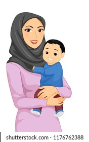 Illustration of a Muslim Mother Carrying Her Baby