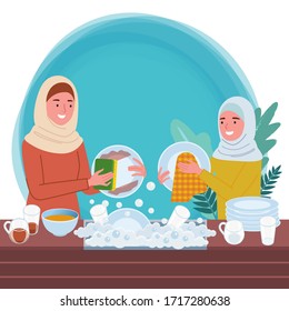 illustration of a Muslim mother and child washing dishes together in a sink with lots of foam.