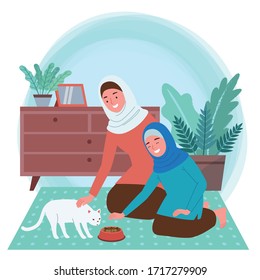 illustration of a Muslim mother and Muslim child who is feeding a cat and stroking it inside their living room.