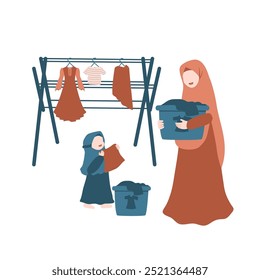 Illustration of Muslim Mother with Daughter drying clothes