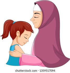 Illustration of a muslim mother hugging her daughter 