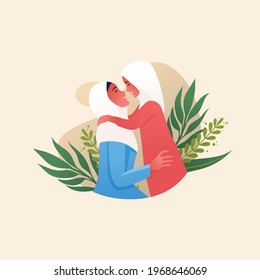 Illustration of muslim mother hugging her daughter