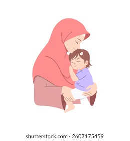 Illustration of a muslim mother hugging her child