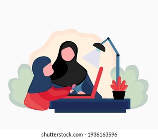 illustration of a Muslim mother studying with her daughter