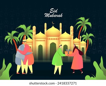 Illustration of Muslim People Giving with Gift Box and Hug Each other in Front of Golden Mosque on Occasion of Eid Mubarak.