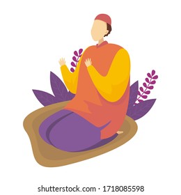 illustration of Muslim People Praying in flat style. Man praying on his knees, communicating with God, Ramadan kareem. Fulfillment of prayer process, Muslims.