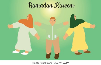 Illustration of Muslim people saying happy Ramadan with joy, with Muslim women and men. Illustration of cute cartoon Ramadan Eid al-Fitr. Suitable for invitations, greeting cards, banners, posters