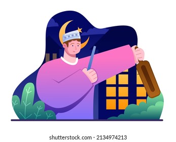 Illustration Muslim People Waking Up people to do Suhoor with using Kentongan. Fasting Muslim Tradition. Can be used for web, infographic, animation, print, book, social media, banner, greeting, etc