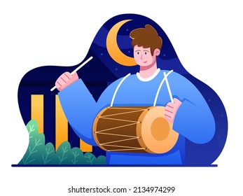 Illustration Muslim People Waking Up people to do Suhoor with using Drum. Fasting Muslim Tradition. Can be used for web, infographic, animation, print, book, social media, banner, greeting, etc