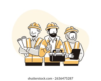 Ilustração de muçulmanos que trabalham em um projeto de construção, arquiteto com projeto enrolado, operário da construção carregando ferramentas e mulher usando hijab com um quadro de relatório. Estilo de linha plana