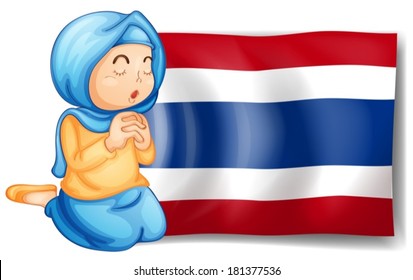 Illustration of a muslim praying in front of the Thailand flag on a white background