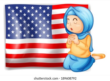 Illustration of a Muslim praying in front of the USA flag on a white background