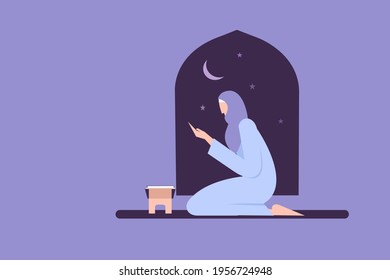 Illustration of a Muslim religious woman do praying. Concept for Ramadan greetings