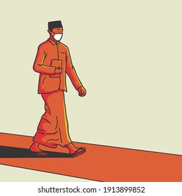 illustration of a Muslim student walking in a mask with a book in his hand