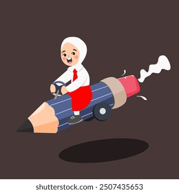 illustration of muslim student wearing Indonesian elementary uniform riding pencil car