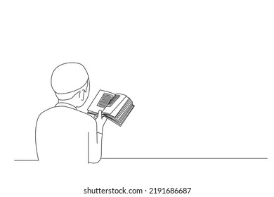 Illustration of muslim students reading the holy book of the Quraan at the mosque. Line art style
