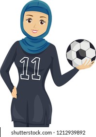 Illustration of a Muslim Teenage Girl Wearing Football Uniform and Holding a Ball