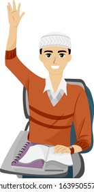 Illustration of a Muslim Teenage Guy Student Wearing Taqiyah Cap Raising His Hand in Class