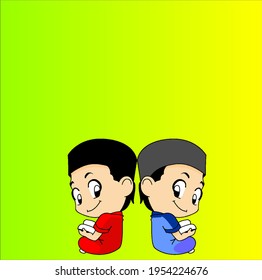 Illustration Muslim twin boys read the Al Qur'an with green adn yellow background