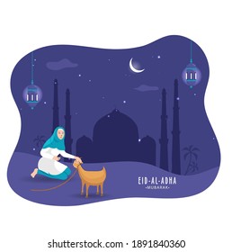 Illustration der muslimischen Frau mit Cartoon-Ziege, Hanging Lanterns und Blue Silhouette-Moschee auf nächtlichem Hintergrund für Eid-Al-Adha Mubarak.