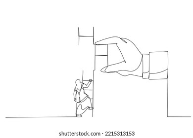 Illustration of muslim woman climbing up to top of broken ladder with huge helping hand to connect to reach higher. Single line art style
