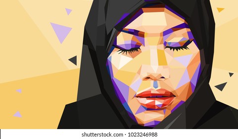 Illustration of a muslim woman with closed eyes in facets style 