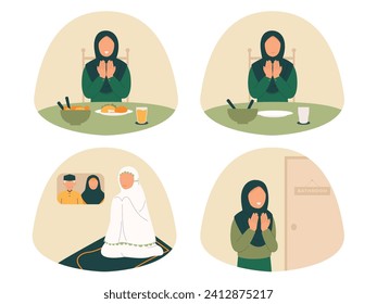 Illustration of Muslim woman doing daily prayer 