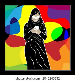 Illustration of a Muslim woman holding a cellphone,vektor eps 10