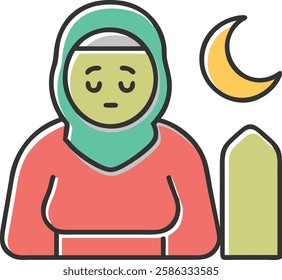 An illustration of a Muslim woman praying under a crescent moon, symbolizing Ramadan devotion.