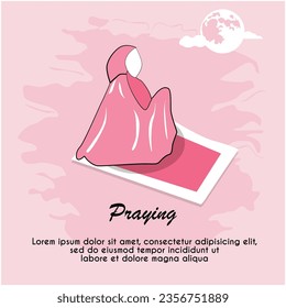 Illustration of a Muslim woman praying wearing a mukenah, to celebrate hijab solidarity day