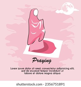 Illustration of a Muslim woman praying wearing a mukenah, to celebrate hijab solidarity day