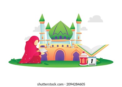 Illustration muslim woman reading quran in the courtyard of the mosque