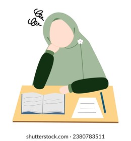 Illustration of a Muslim woman studying. Muslim women feel tired of studying