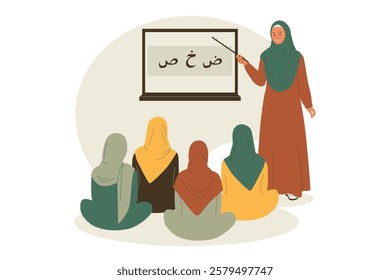 Illustration of muslim woman teaching Arabic letters in front of students. Illustrations for websites, landing pages, mobile apps, posters and banners. Trendy flat vector illustrations