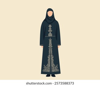 Illustration of a Muslim woman wearing a black abaya with golden embroidery, representing modesty, culture, and traditional Islamic clothing