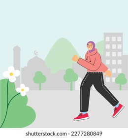 illustration of muslim woman wearing hijab do workout,running, or sport activities on ramadan