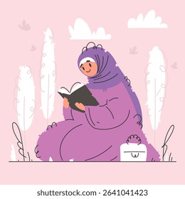 An illustration of a Muslim woman wearing a hijab, reading a book in the park. She is surrounded by stylized trees, clouds, and a handbag, creating a peaceful and inviting scene.