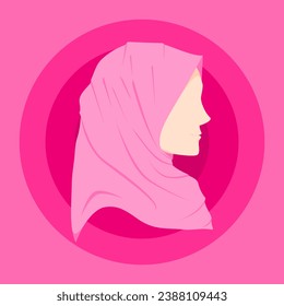 illustration of a Muslim woman wearing a pink hijab seen from the side with a circle background