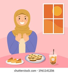 Illustration muslim women praying Iftar time of Ramadan with lumpur cake and iced boba milk tea at home vector design