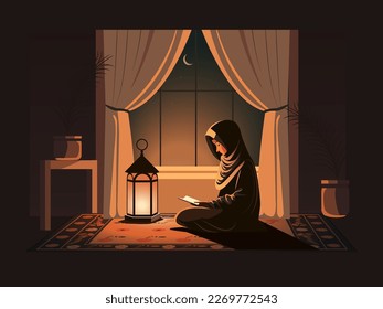 Illustration Of Muslim Young Woman Reading Quran On Mat With Burning Lantern In Front Of Window At Crescent Moon Night. 