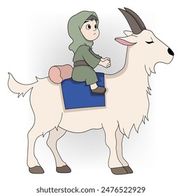 illustration of Muslims celebrating Eid al-Adha, Muslim boy riding a goat