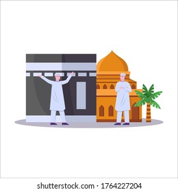 Illustration of muslims do the pilgrimage, tawaf in front of the Kaaba in the Grand Mosque, throwing the pilgrimage, sa'i and before staying in the field of arofah
