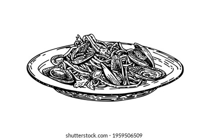 Illustration of mussel pasta on a plate. Seafood Pasta sketch. 
Italian food. Spaghetti in the plate. Engravings vintage illustration. Hand drawn vector background. Mediterranean Kitchen.