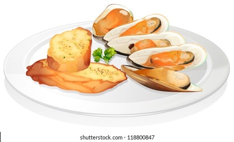 illustration of mussels and garlic bread on a white background