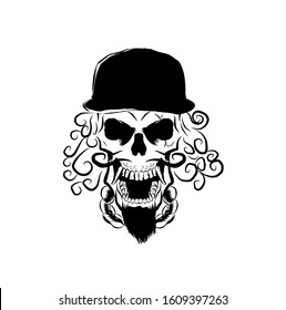 illustration of mustache skull using a hat for tattoo design or t-shirt