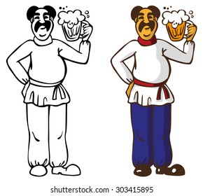 illustration of a mustached man in a white shirt holding a mug of beer