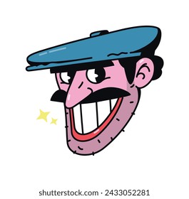 Ilustración de un hombre caucásico bigotudo. Vector. Personaje de meme con gorra. Mascota héroe para cómics o compañía. Imagen para diseño de camiseta.