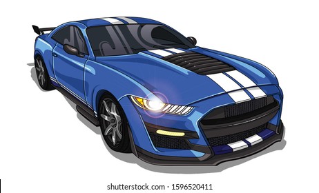 Illustration of mustang sport car with two strips on car hood.All illustrations are easy to use and highly customizable,logical layered to fit your needs.Mustang shiny car isolated on white background