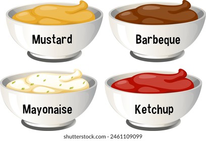 Illustration of mustard, BBQ, mayonnaise, and ketchup